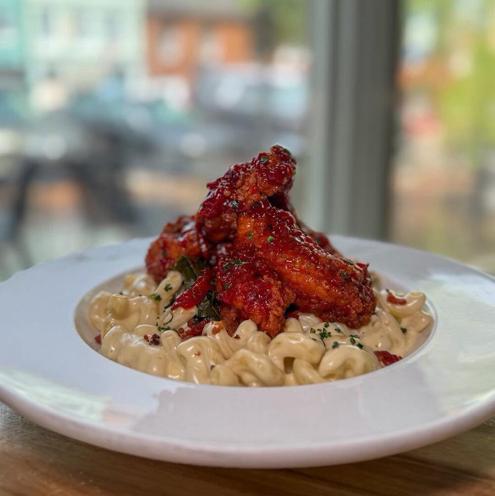 Mac & Cheese with red pepper jelly glazed chicken tenders